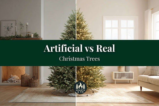 A split-screen image comparing an unlit artificial tree on the left and the same tree illuminated with warm lights on the right.