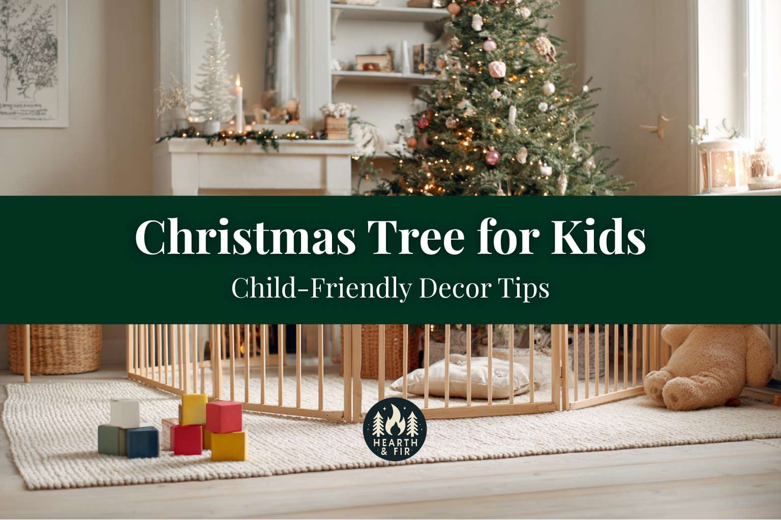 A decorated Christmas tree in a cozy living room with a light-wood baby gate around its base to ensure child safety.