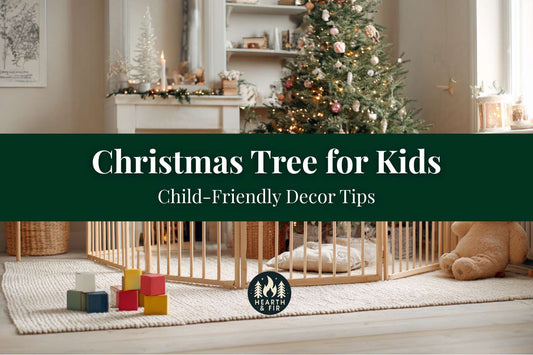 A decorated Christmas tree in a cozy living room with a light-wood baby gate around its base to ensure child safety.