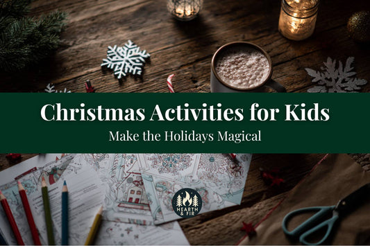 A cozy flat lay of Christmas activities for kids, including coloring sheets, pencils, and a mug of hot cocoa on a wooden table.