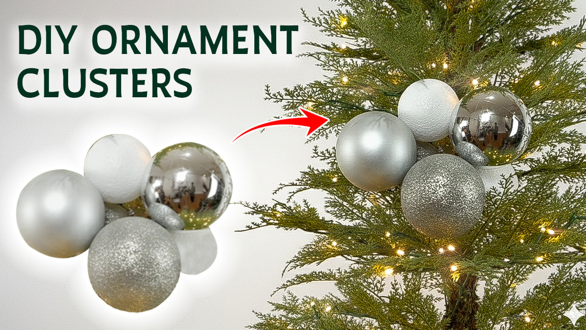A tutorial thumbnail showing how to make DIY ornament clusters using silver baubles on a skinny Christmas tree.