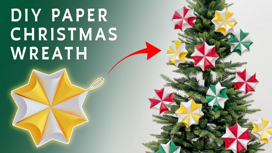 Thumbnail for a DIY paper ornament tutorial showing colorful star-shaped ornaments on a Christmas tree.