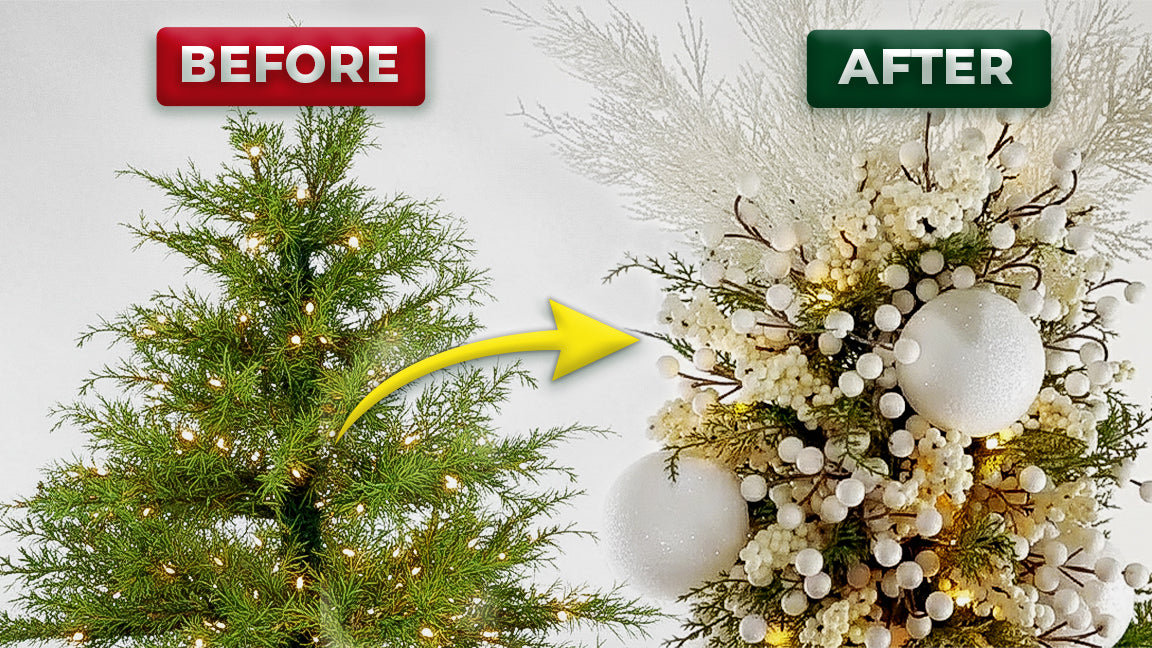 A before-and-after image showing a plain Christmas tree tip transformed with an elegant white tree topper.