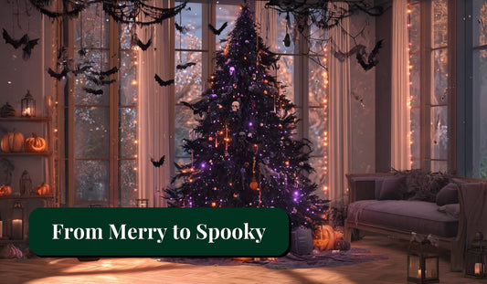 Spooky Halloween tree with purple lights and bat decorations, featuring the phrase 'From Merry to Spooky' for creative halloween tree ideas.