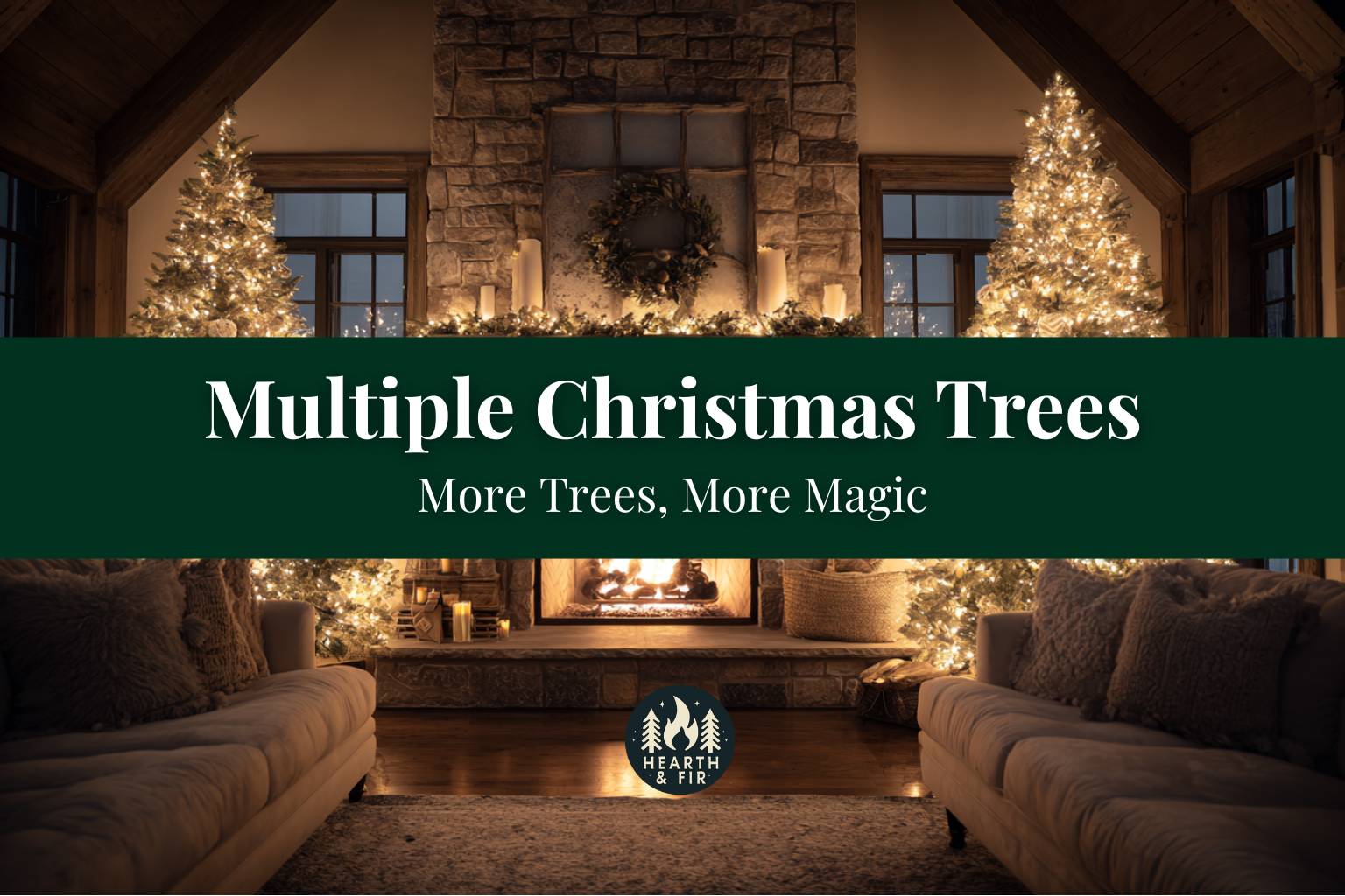 A cozy living room with multiple Christmas trees in one room, flanking a grand stone fireplace for a symmetrical look.