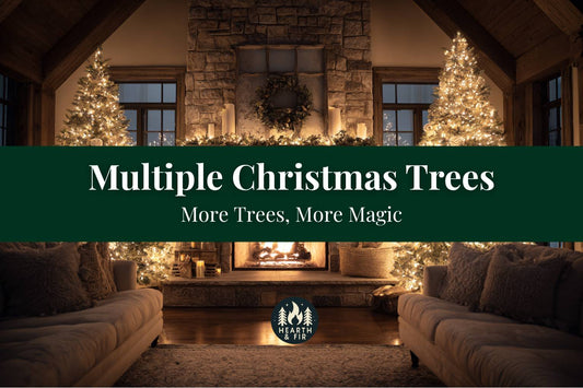 A cozy living room with multiple Christmas trees in one room, flanking a grand stone fireplace for a symmetrical look.