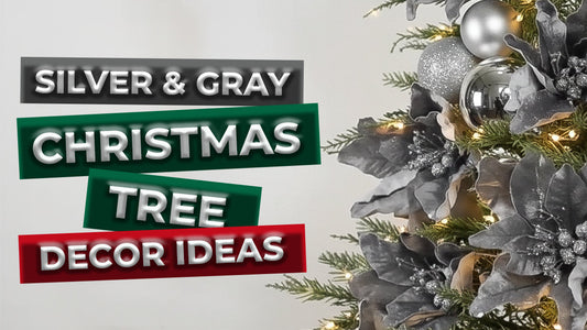 Thumbnail for silver and gray Christmas tree decor ideas, showing a close-up of gray poinsettia ornaments.