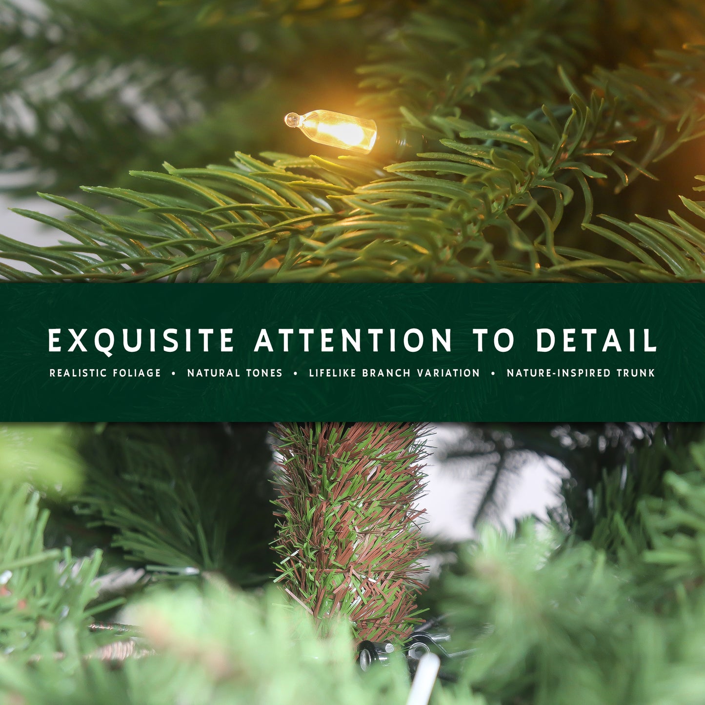 Close-up details of the prelit 9 ft classic Christmas tree, showing realistic foliage and nature-inspired trunk.