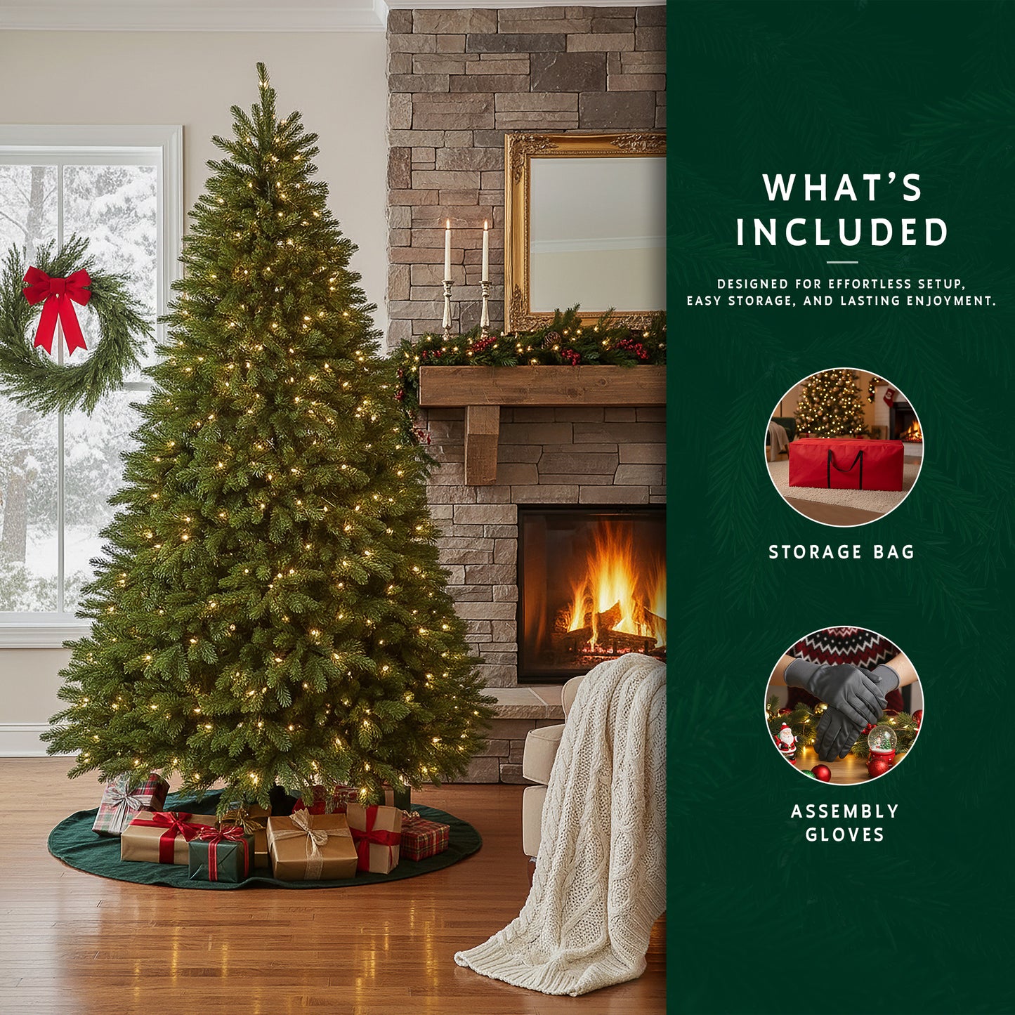 A 9 ft prelit classic Christmas tree by a fireplace, with a graphic showing the included storage bag and assembly gloves.