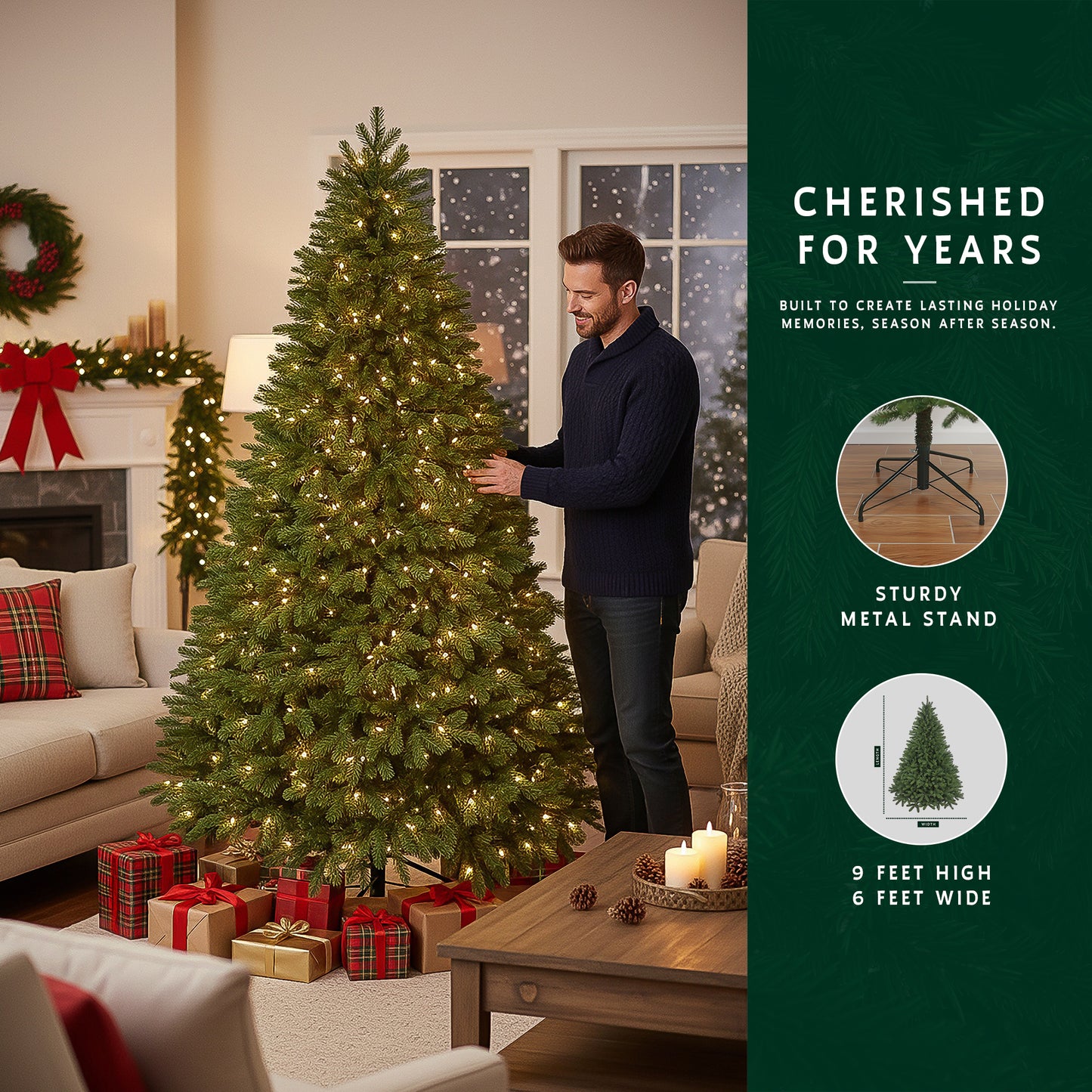 Man with 9 ft prelit classic Christmas tree, with a graphic showing its sturdy metal stand and 6 ft width.