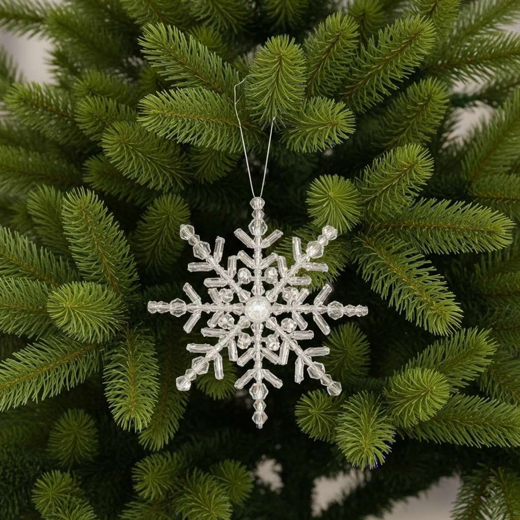 A beautiful DIY beaded snowflake ornament made with clear crystals hangs on a Christmas tree.