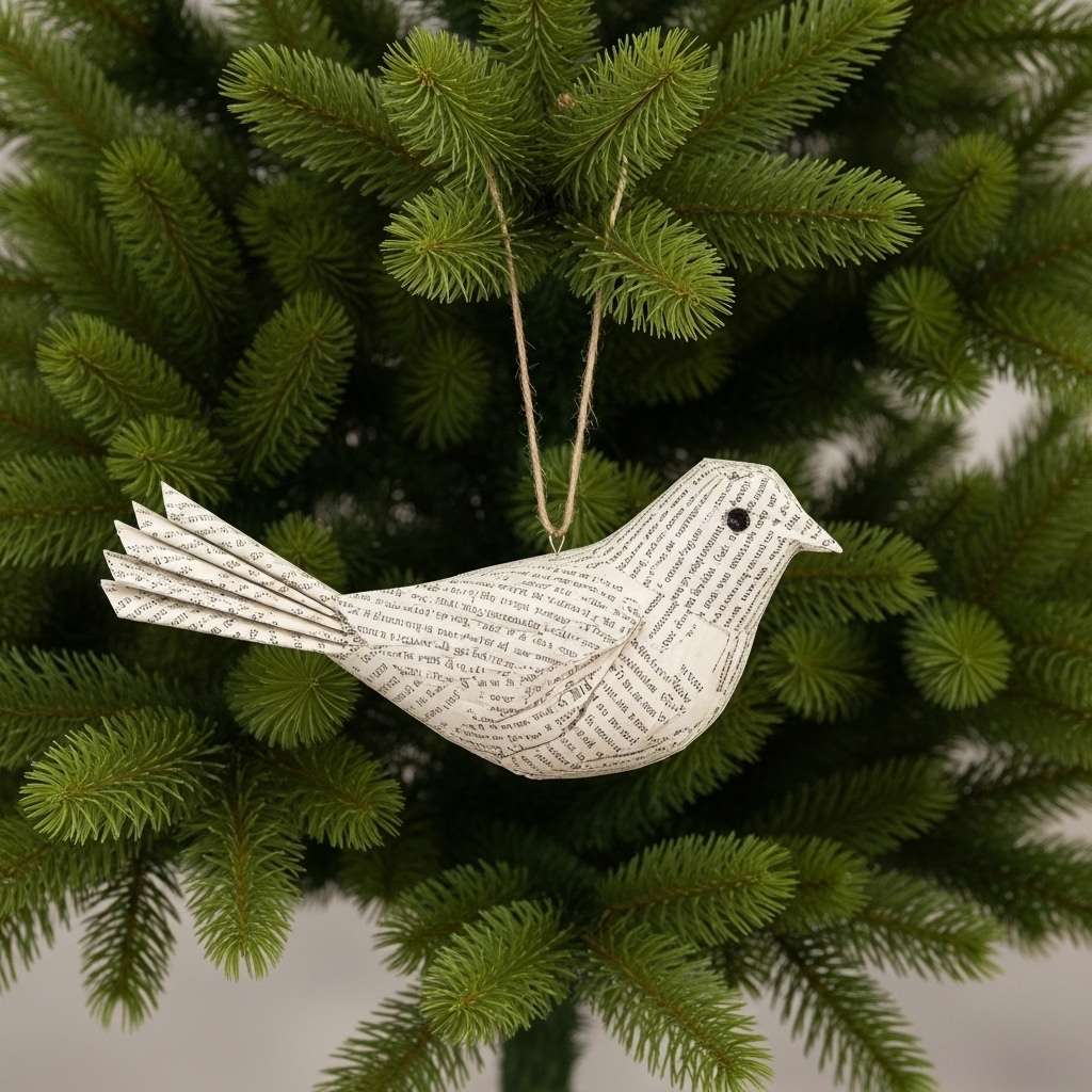 A charming bird-shaped ornament crafted from book pages, a creative DIY paper Christmas decoration.