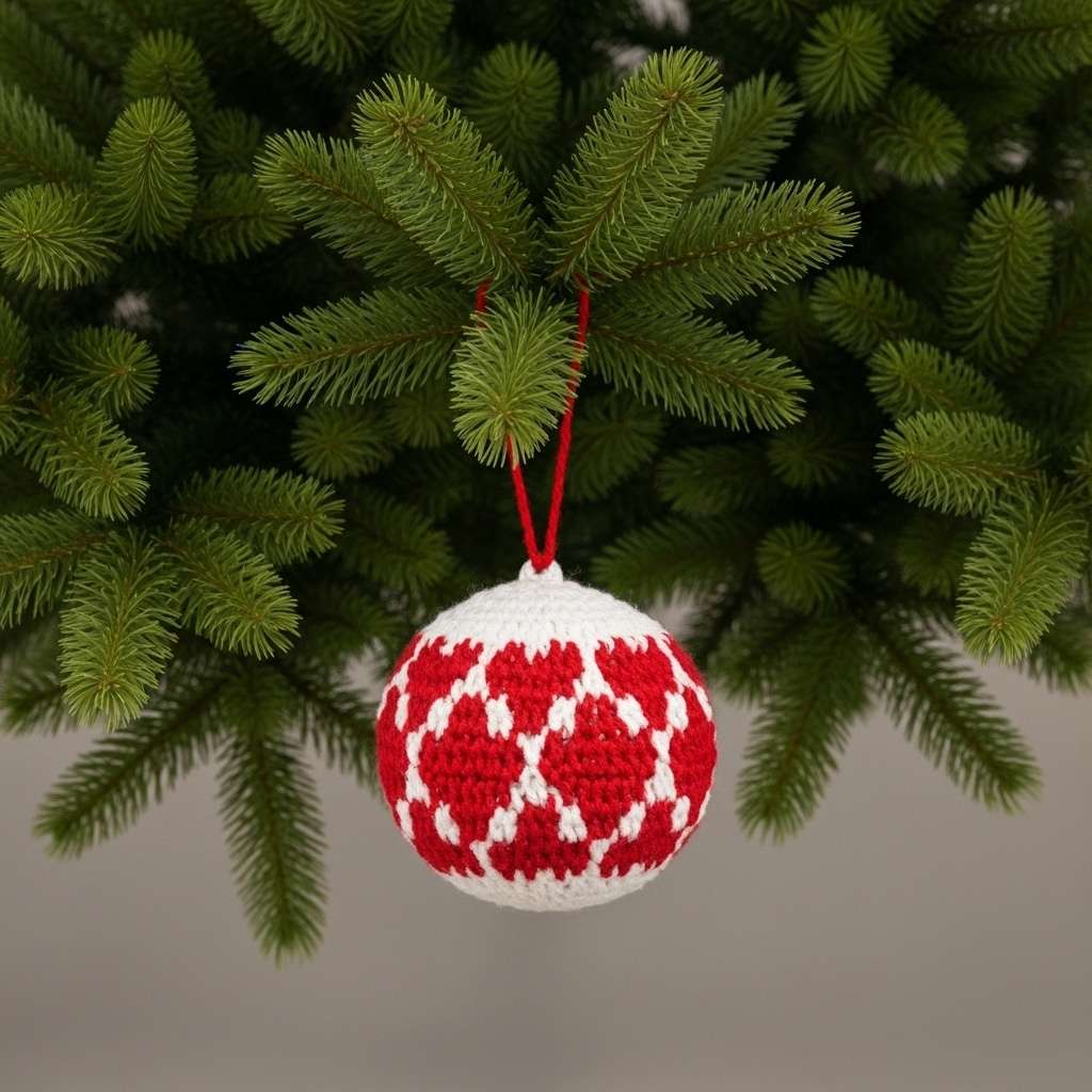 A red and white crochet bauble with a heart pattern, a handmade DIY Christmas tree decoration.