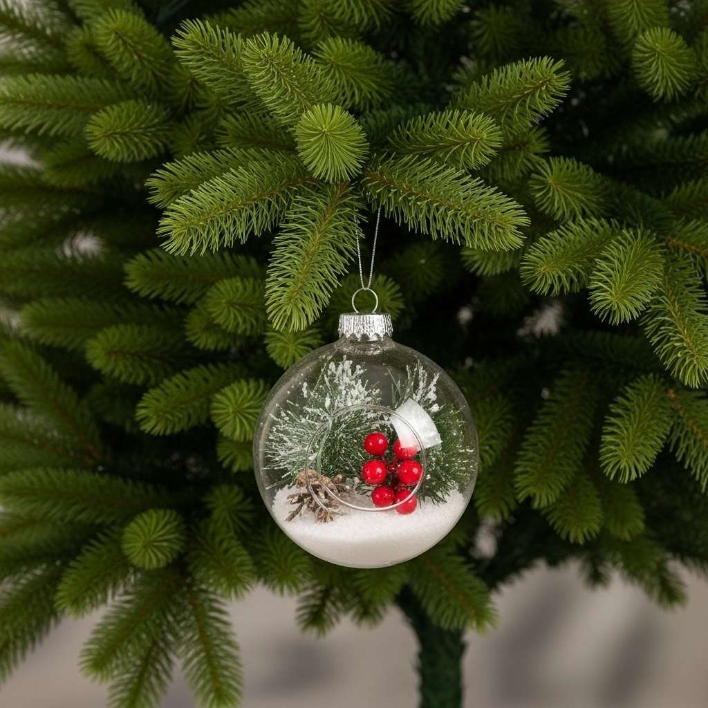 A clear glass ornament filled with a miniature winter scene, an easy DIY Christmas decoration.