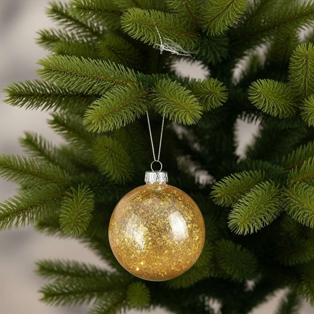 A clear glass bauble filled with sparkling gold glitter, an easy DIY Christmas tree decoration.