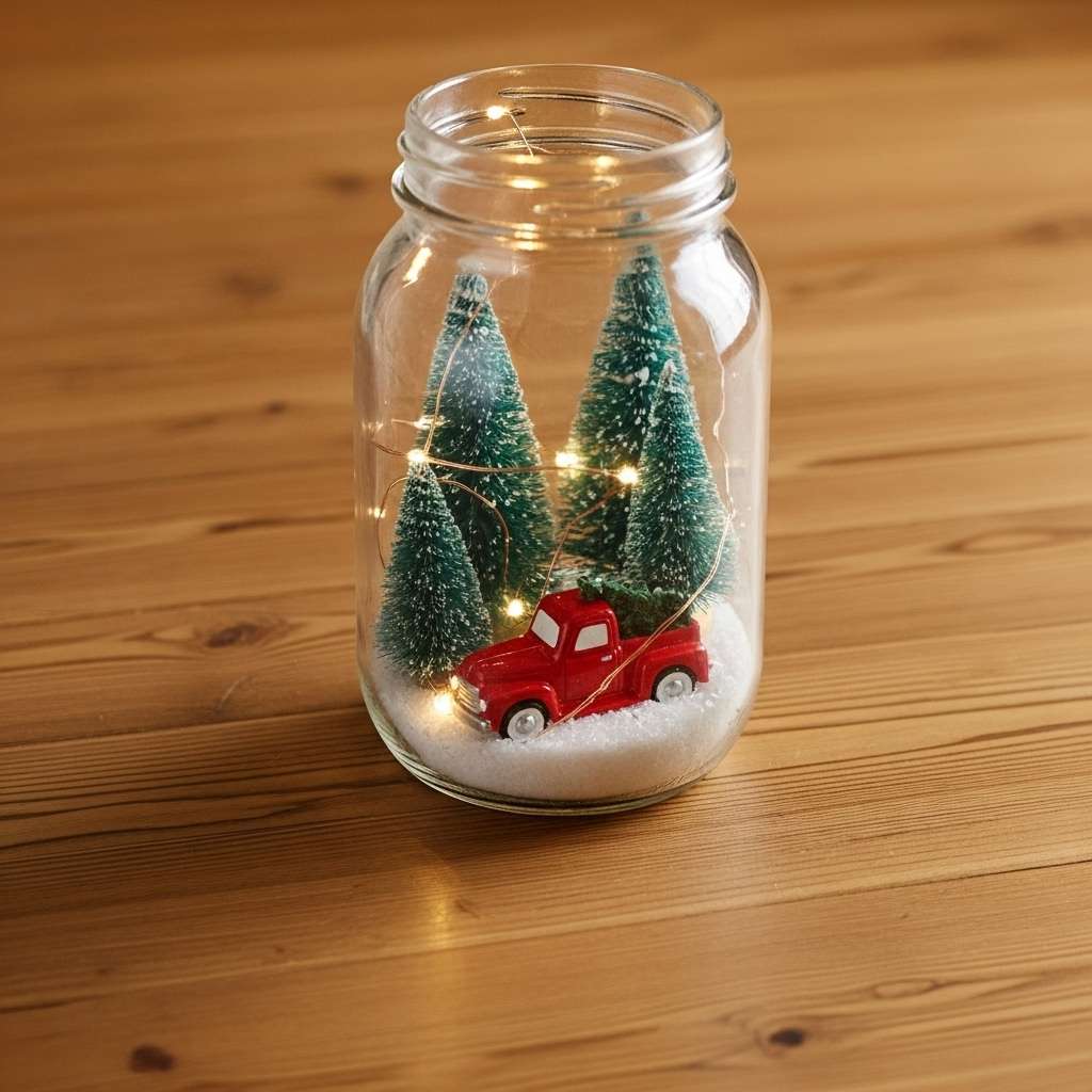 A DIY Christmas table decoration made from a mason jar with a miniature winter scene inside.