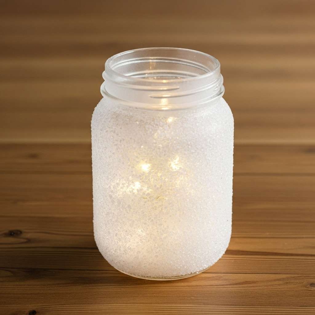 A DIY Christmas table decoration made from a mason jar with a miniature winter scene inside.