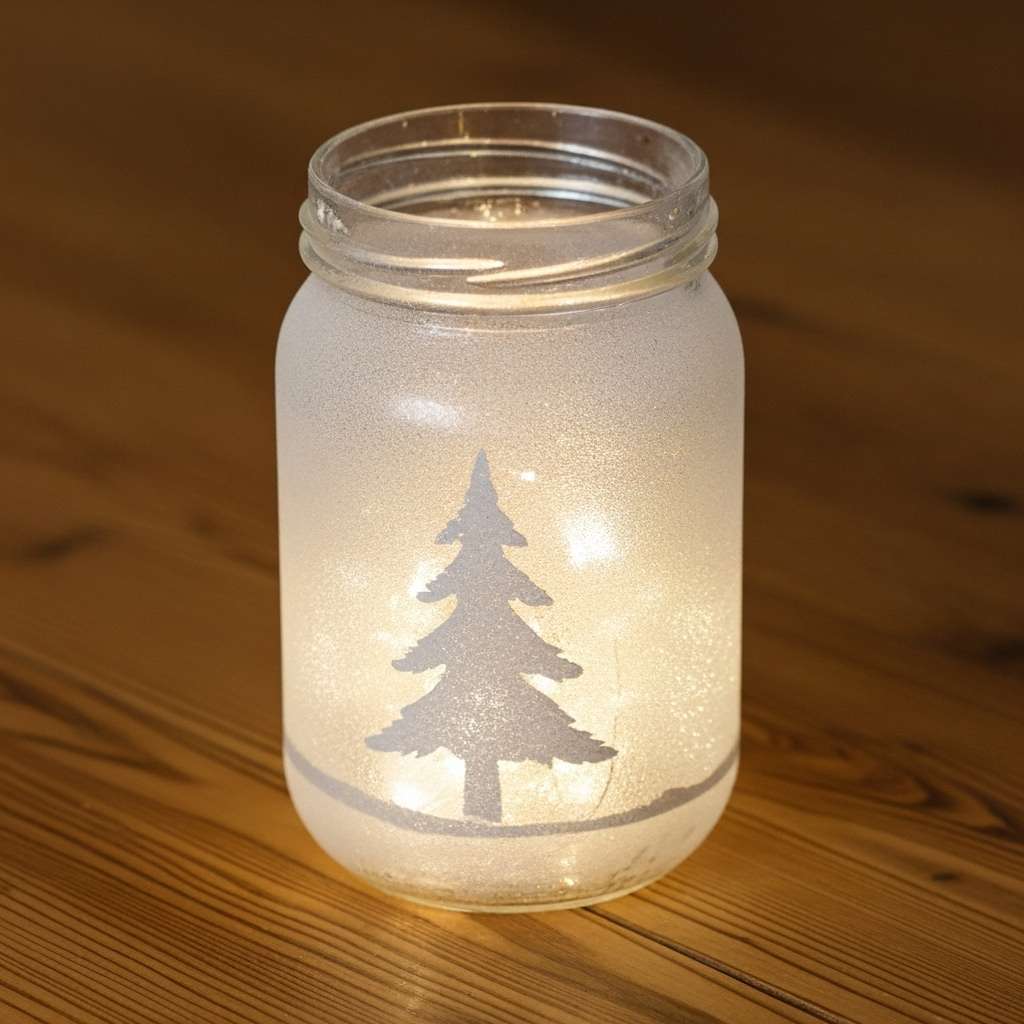 A DIY Christmas table decoration made from a mason jar with a miniature winter scene inside.