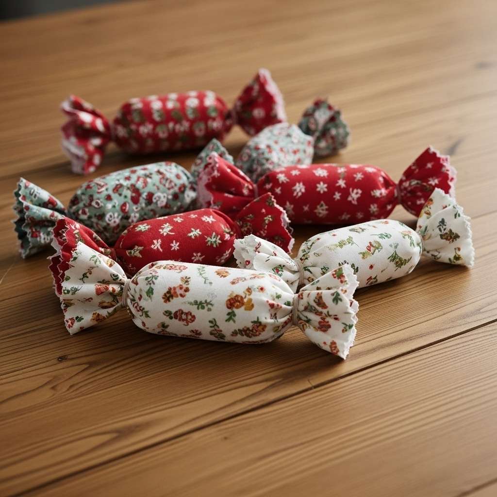 A collection of no-sew fabric candies in festive patterns, an easy DIY Christmas decoration.