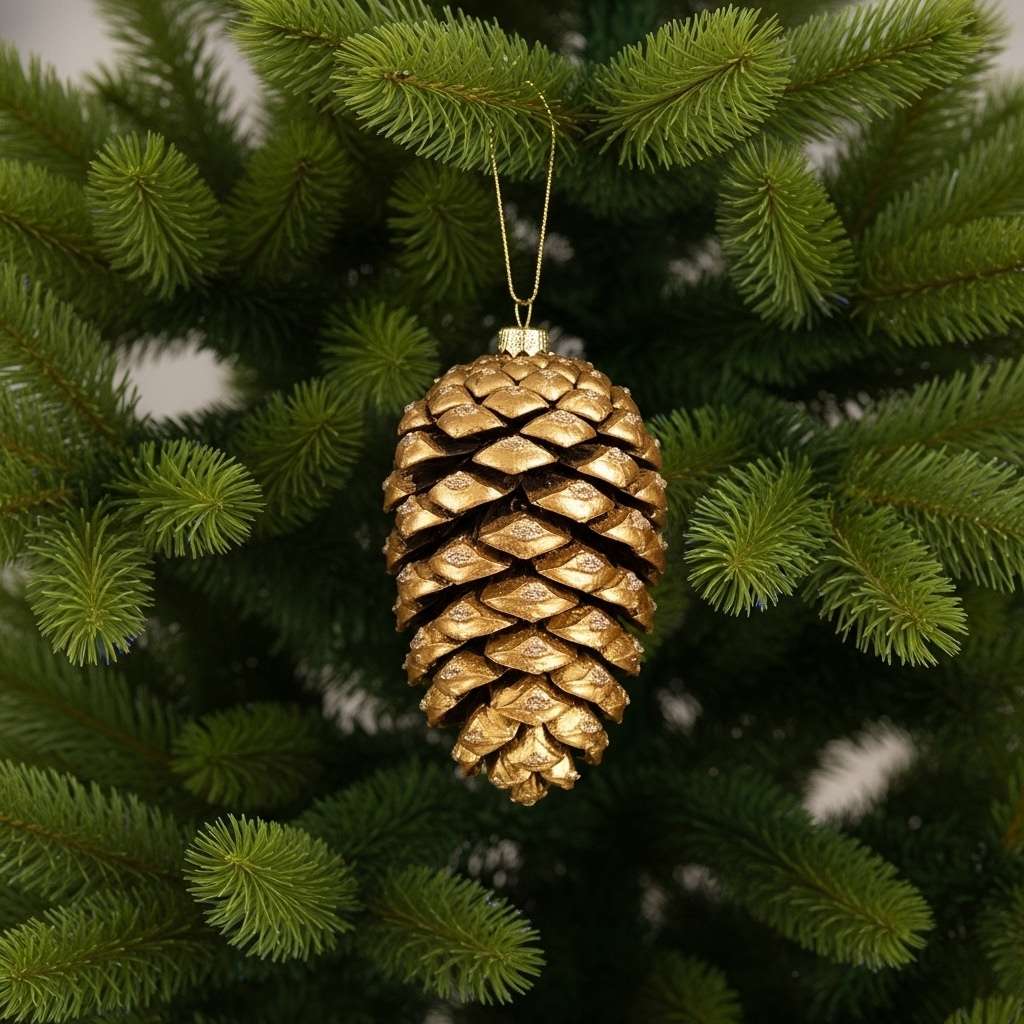A large pinecone painted gold with glitter, a beautiful and easy DIY Christmas tree ornament.