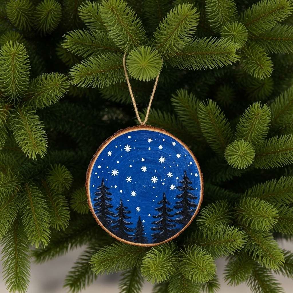 A painted wood slice ornament with a starry night scene, a simple DIY wood Christmas decoration.