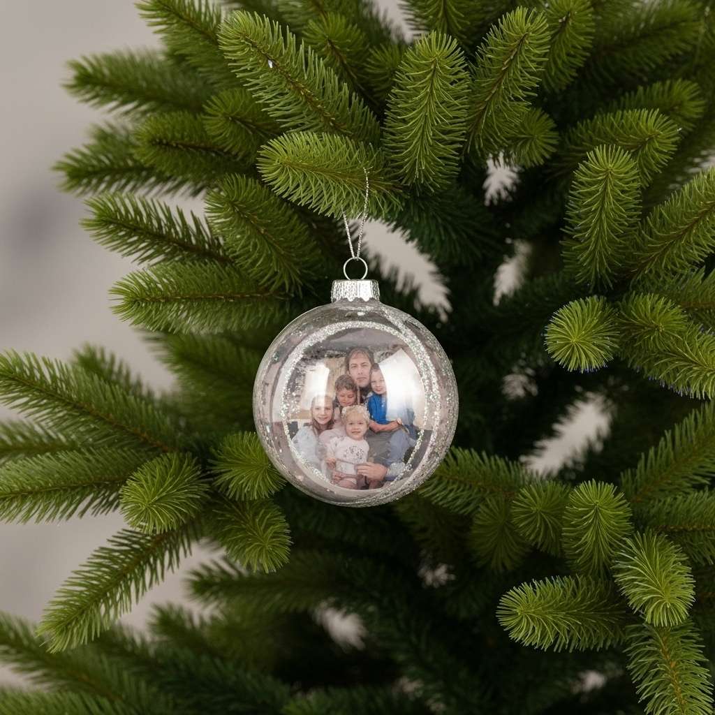 A clear bauble holding a family photo, a personalized DIY Christmas tree ornament.