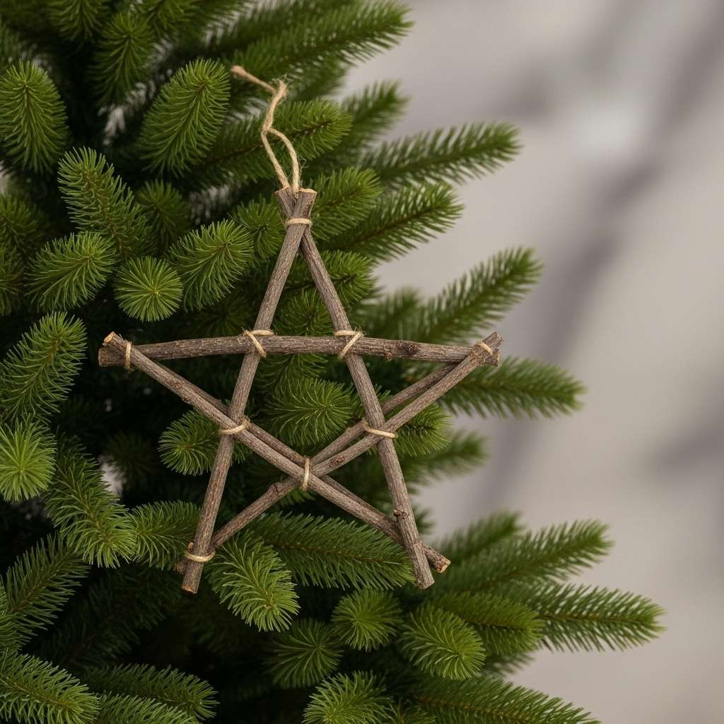A rustic star-shaped ornament made from twigs, a natural DIY wooden Christmas decoration.
