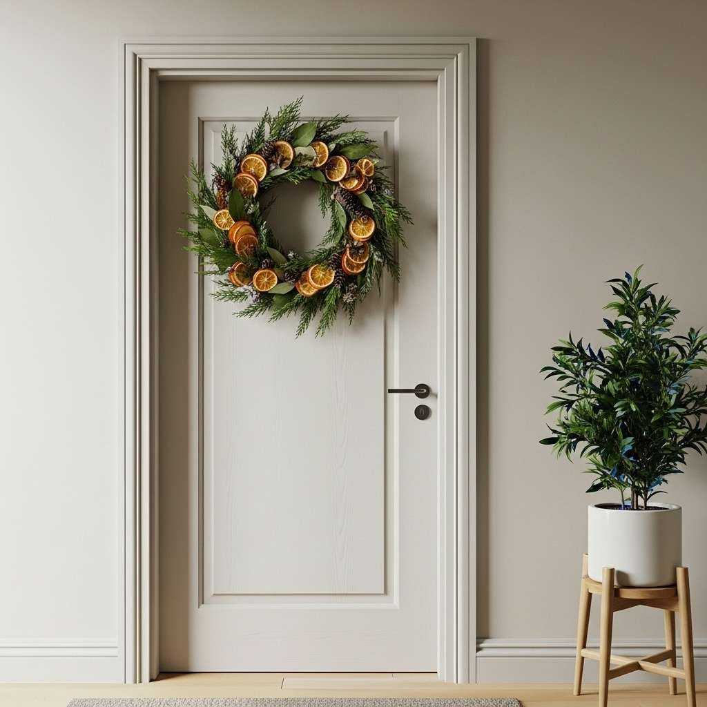 A festive DIY Christmas door decoration made from a wreath of evergreens and dried orange slices.