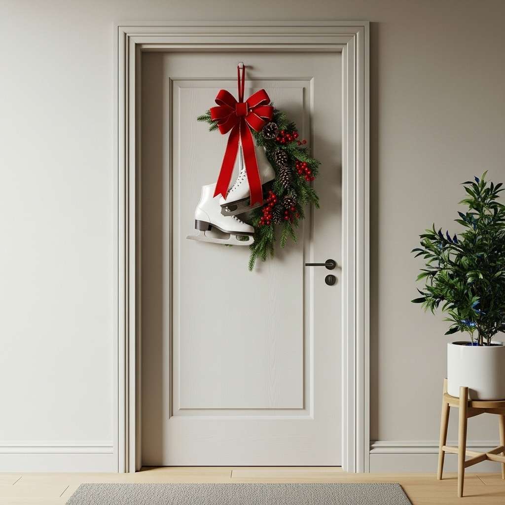 A unique DIY Christmas door decoration featuring white ice skates and a red bow on an evergreen swag.