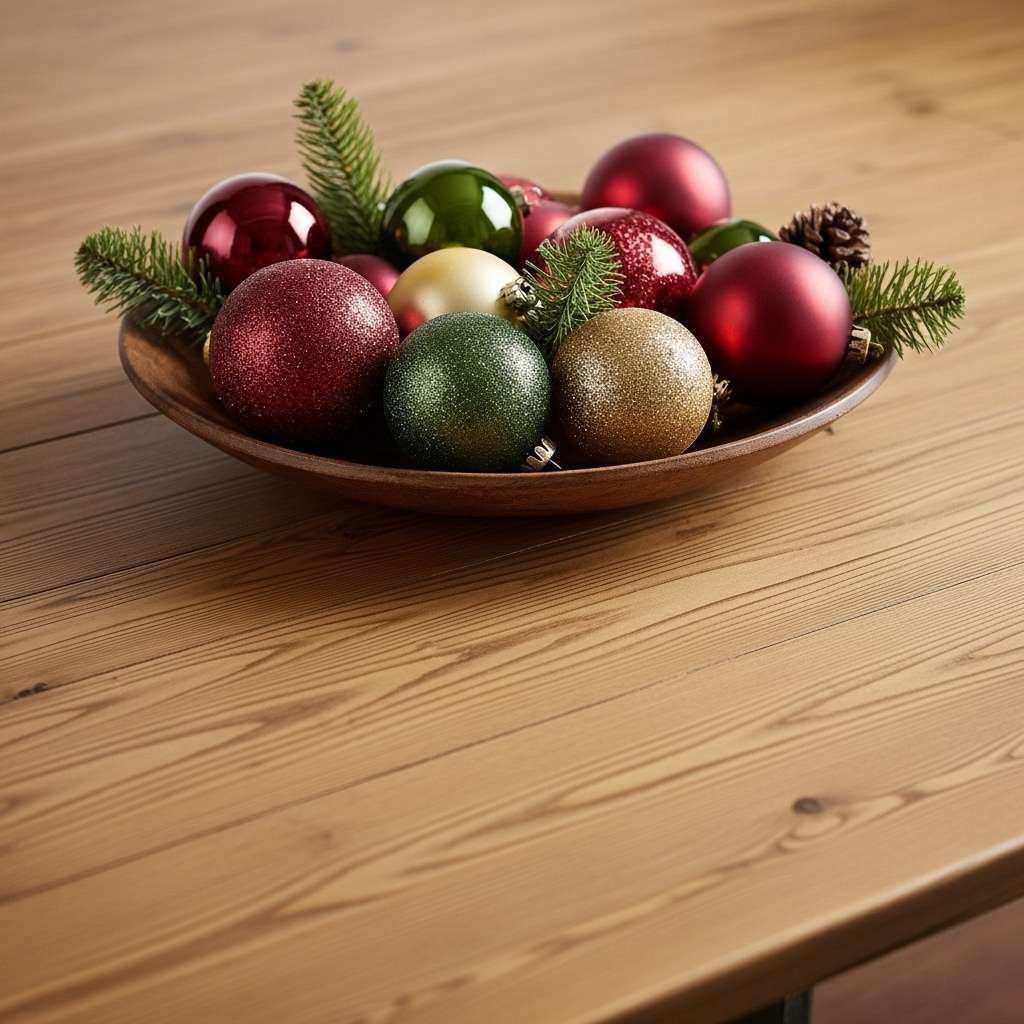 A wooden bowl filled with colorful ornaments and pine sprigs as a cheap simple Christmas table decoration.