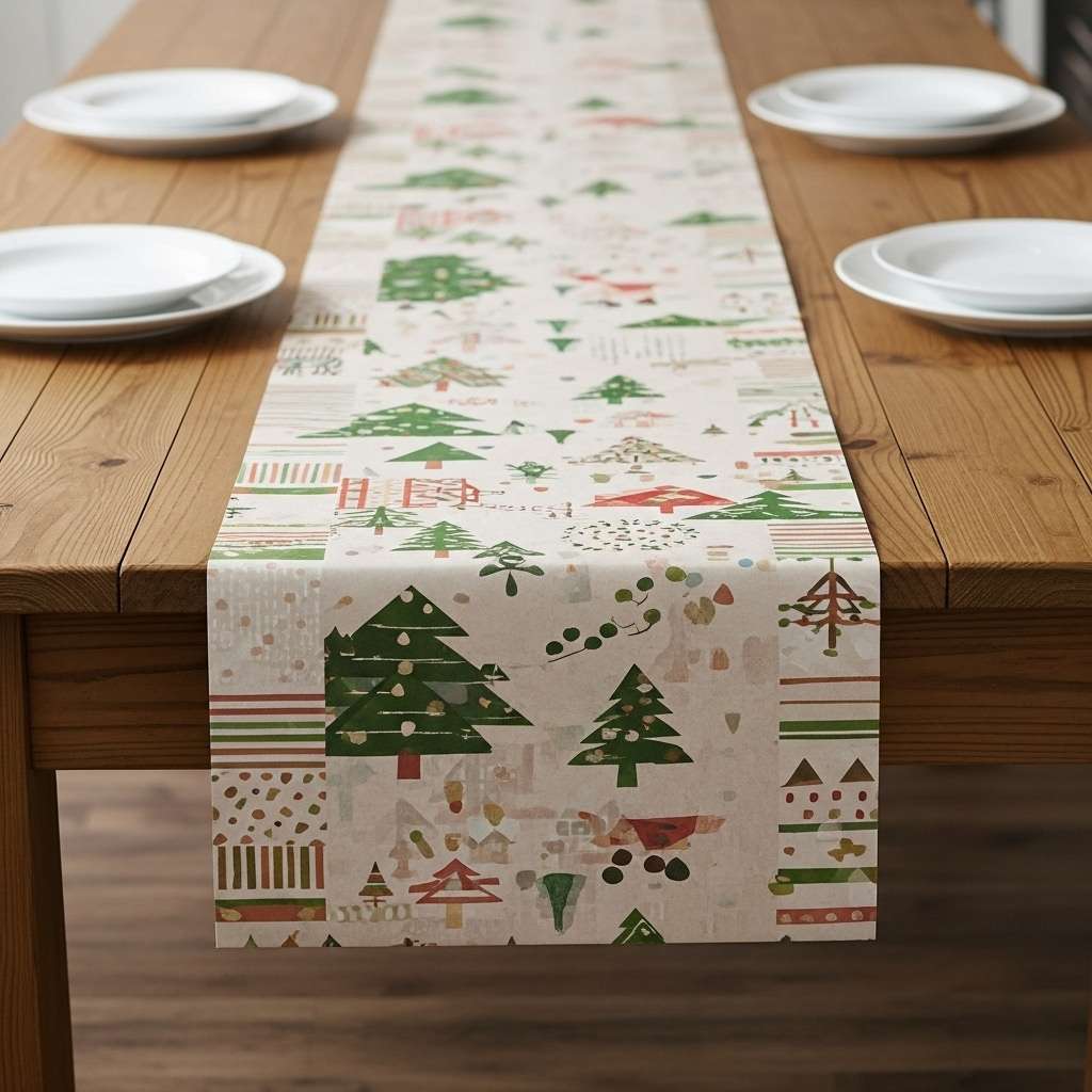 A festive paper table runner with a Christmas tree pattern, a cheap simple Christmas table decoration.