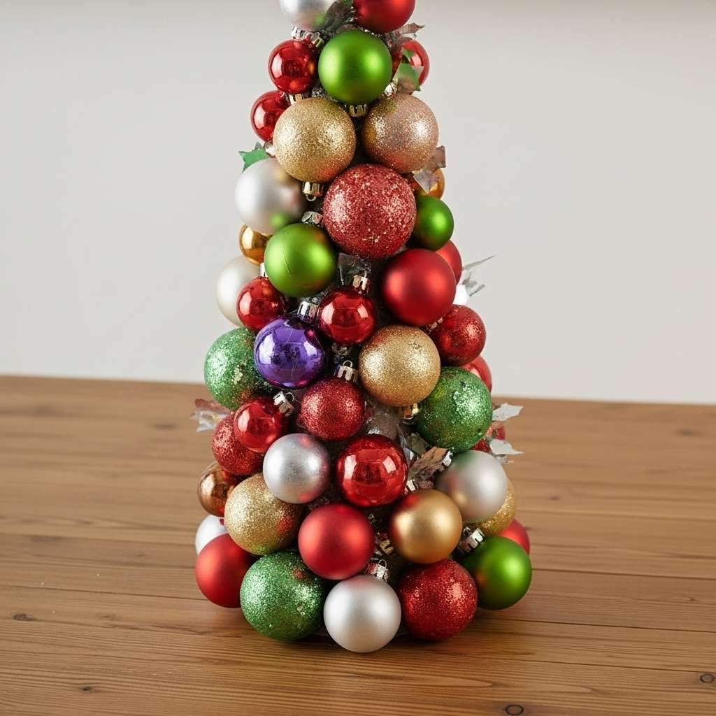 A tabletop tree made from colorful ornaments, a creative DIY Christmas table decoration idea.
