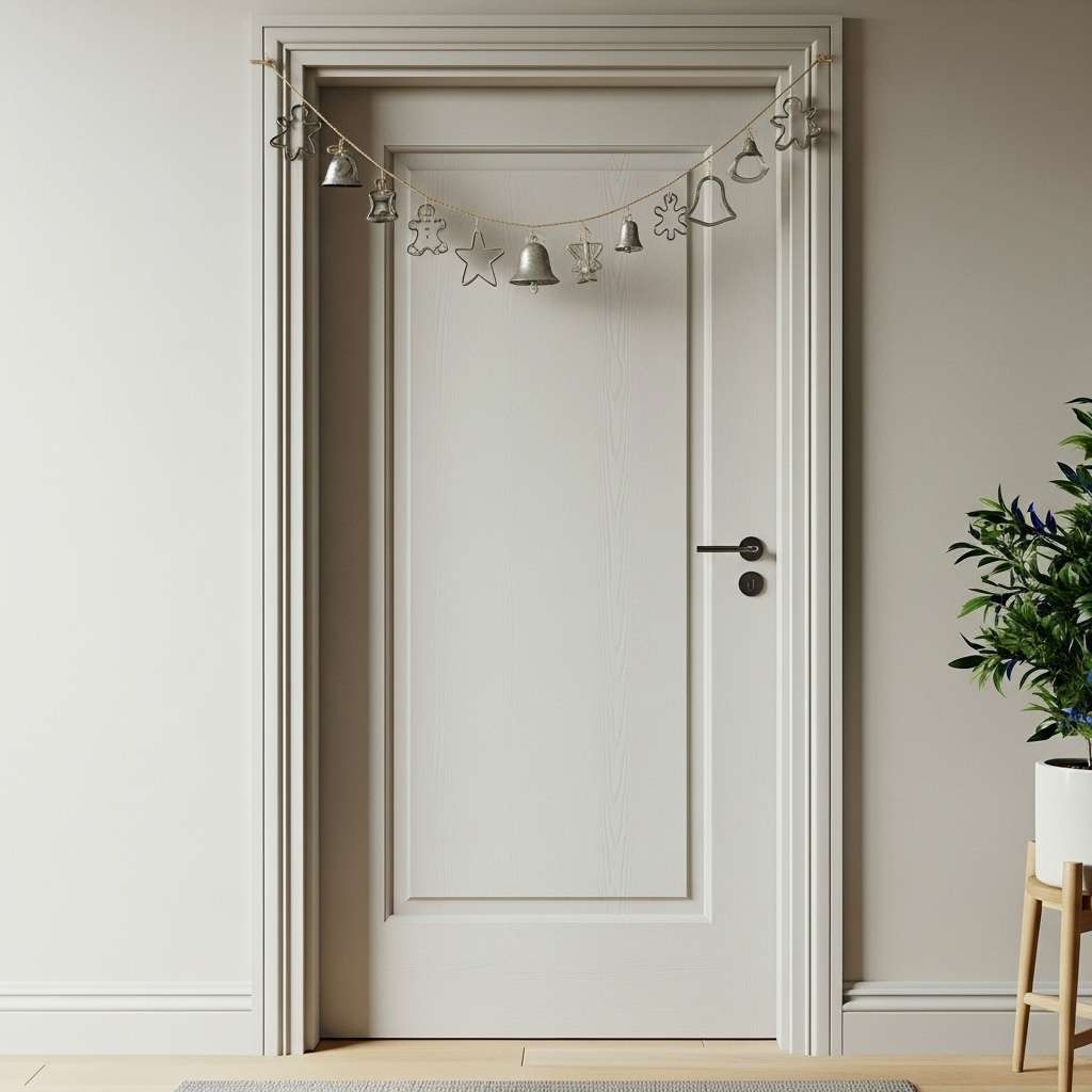 A garland made of recycled cookie cutters hung over a door, a unique DIY Christmas door decoration.