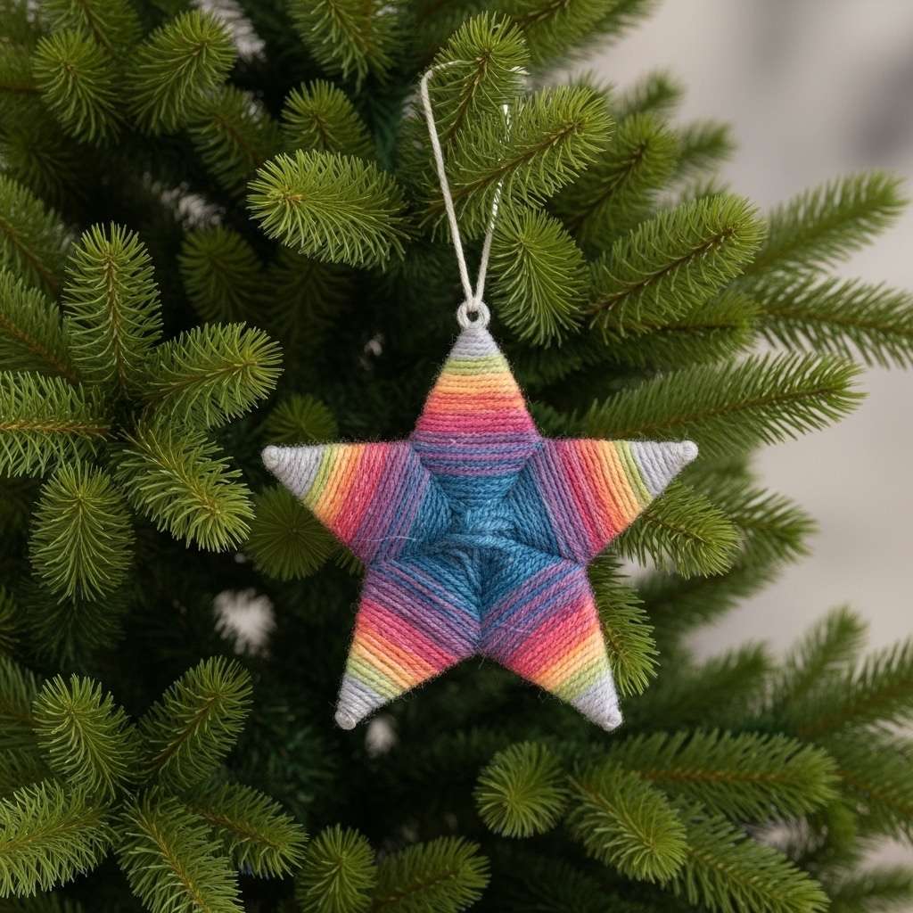 A colorful yarn-wrapped star ornament, an easy DIY Christmas decoration, hanging on a pine tree branch.