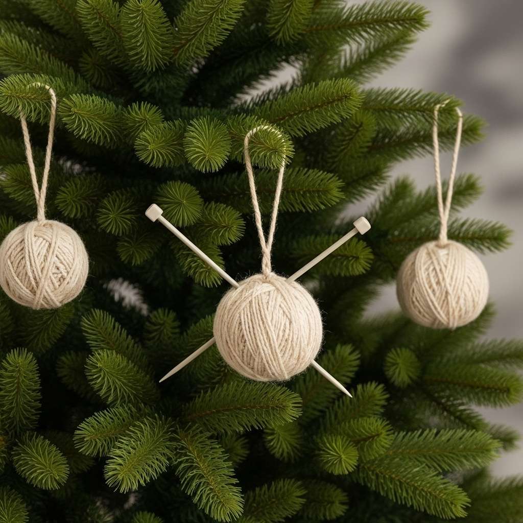 Miniature yarn ball ornaments with tiny knitting needles, perfect as easy DIY Christmas decorations.