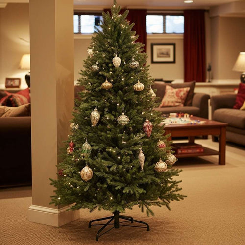 A classic artificial Christmas tree with elegant ornaments in a cozy basement family room.