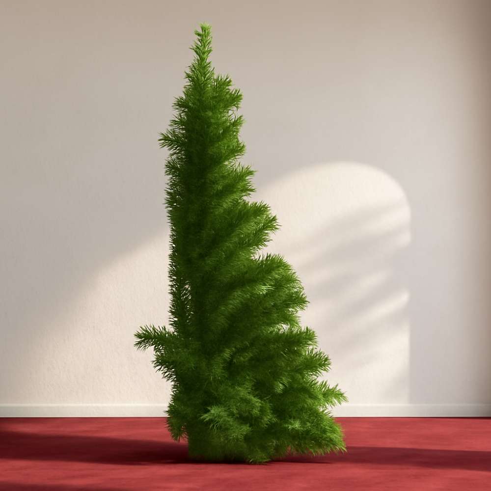 A pencil-style Christmas tree with lights, designed for tight corners.