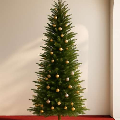 A slim, well-decorated Christmas tree with gold and silver ornaments, bringing a festive atmosphere.