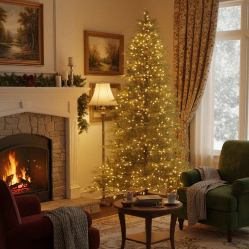 A brilliantly lit premium Christmas tree glowing next to a warm fireplace in a cozy living room.