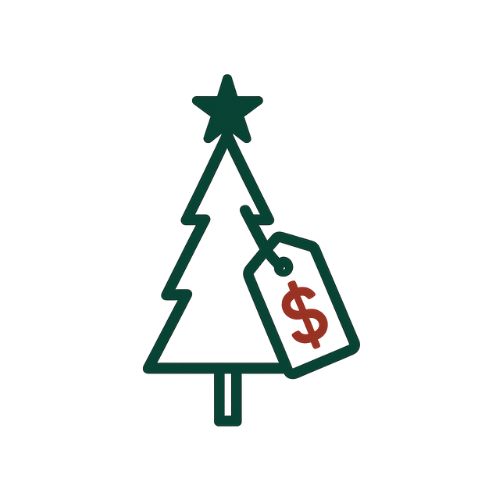An illustration of a Christmas tree with a star topper and price tag with a dollar sign, budget-friendly holiday decorating.