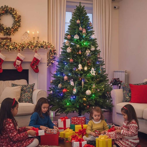Children opening gifts by a decorated artificial Christmas tree, creating cherished holiday memories.