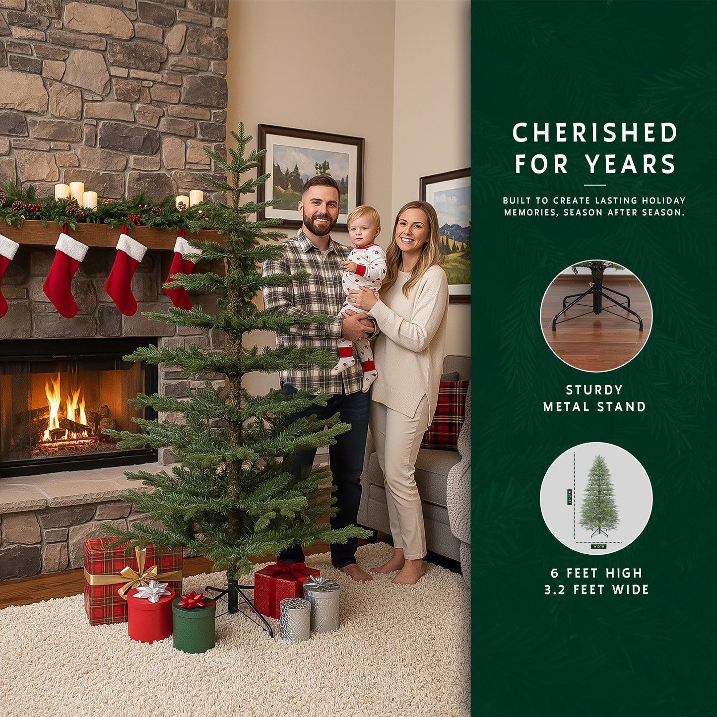 A family smiling next to their 6-foot unlit skinny Christmas tree in a festively decorated living room.