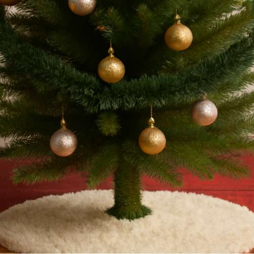 Close-up of garland and gold and silver ornaments on a Christmas tree, enhancing the festive look.