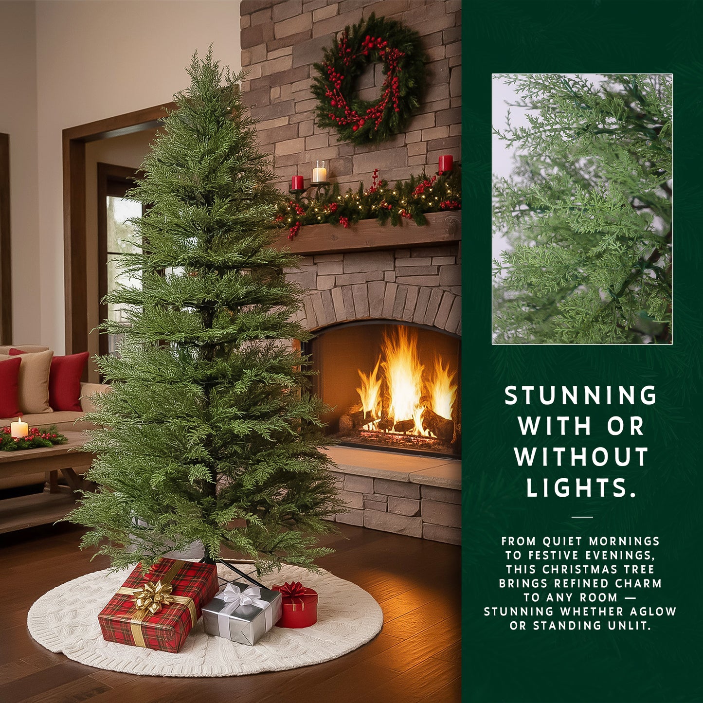 A close-up showing the detailed, realistic green foliage of the artificial cypress Christmas tree branches.