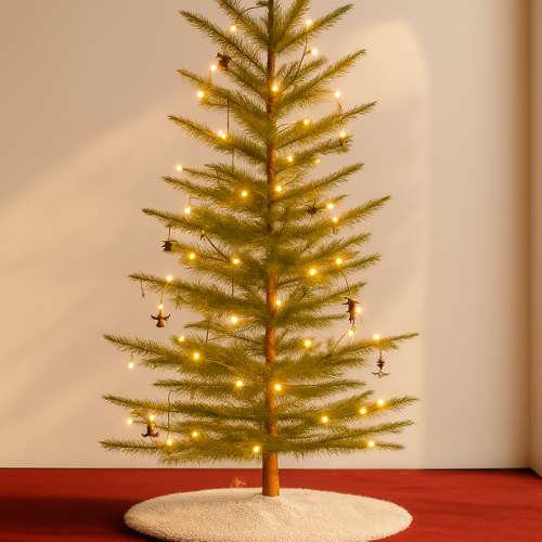 A slim Christmas tree with lights and small ornaments, perfect for small spaces.