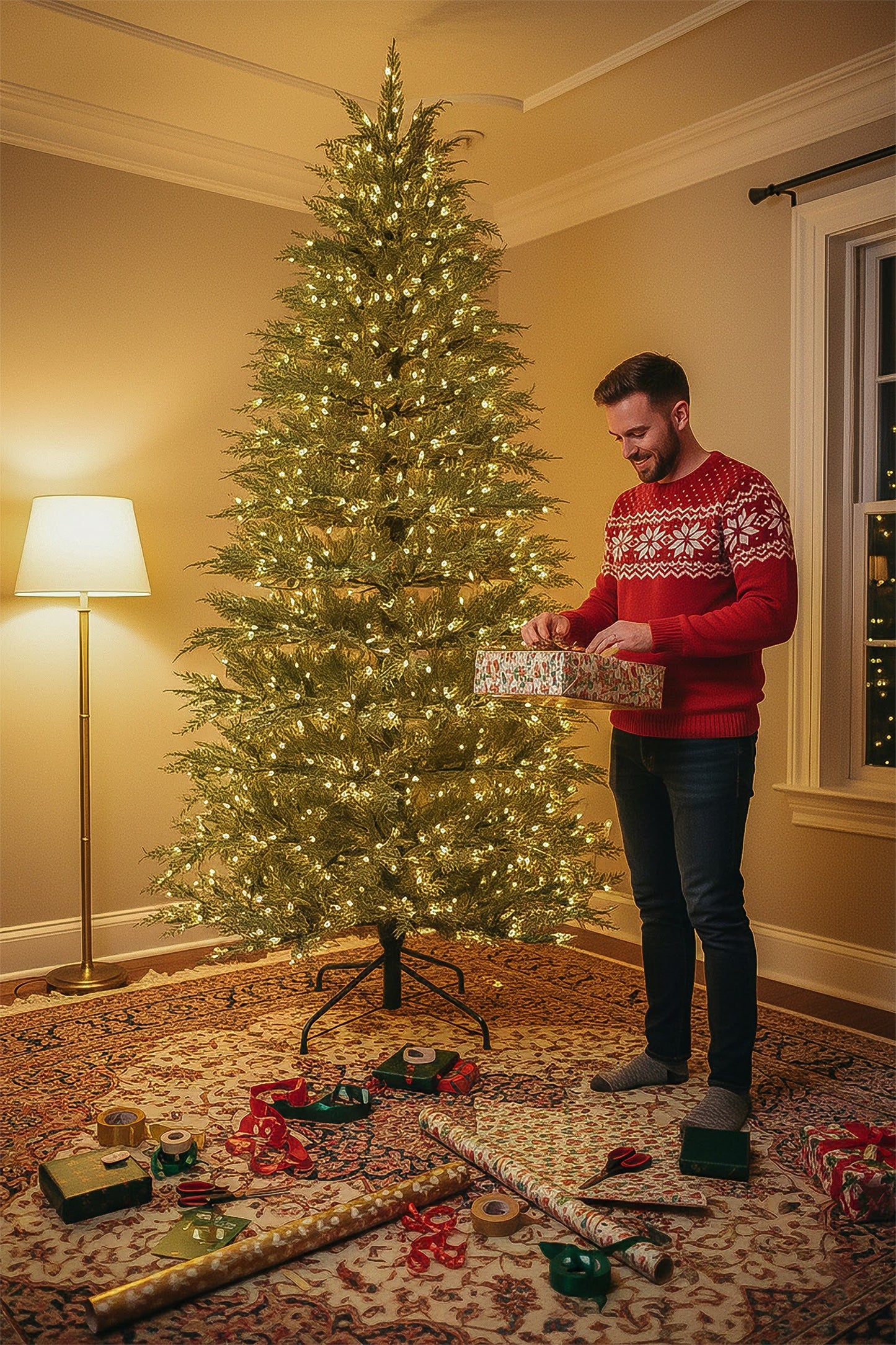 Man in a festive sweater wrapping presents next to a towering 12-foot pre-lit cypress Christmas tree.