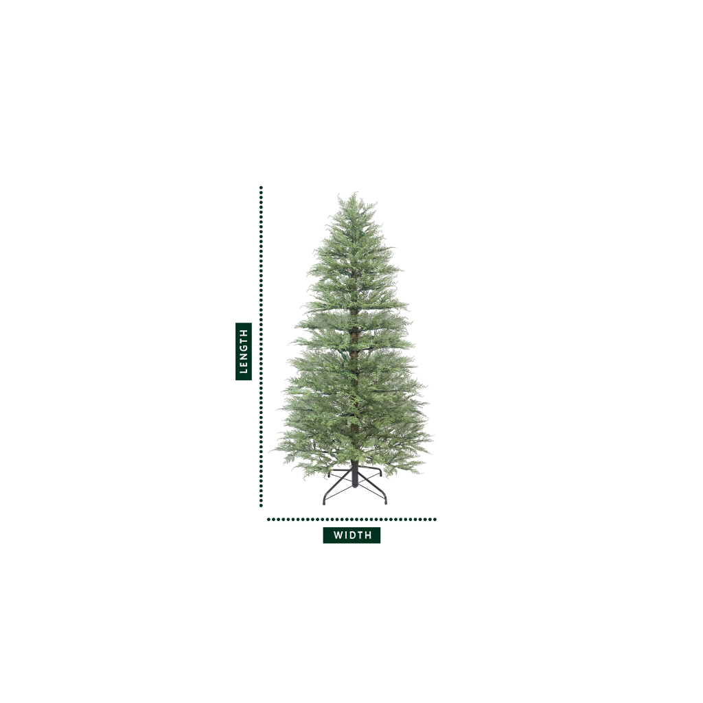 Full profile of the minimalist cypress christmas tree with a diagram indicating its length and width.