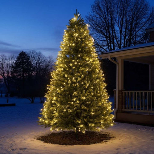A glowing artificial Christmas tree standing outside in a snow-covered yard at twilight.