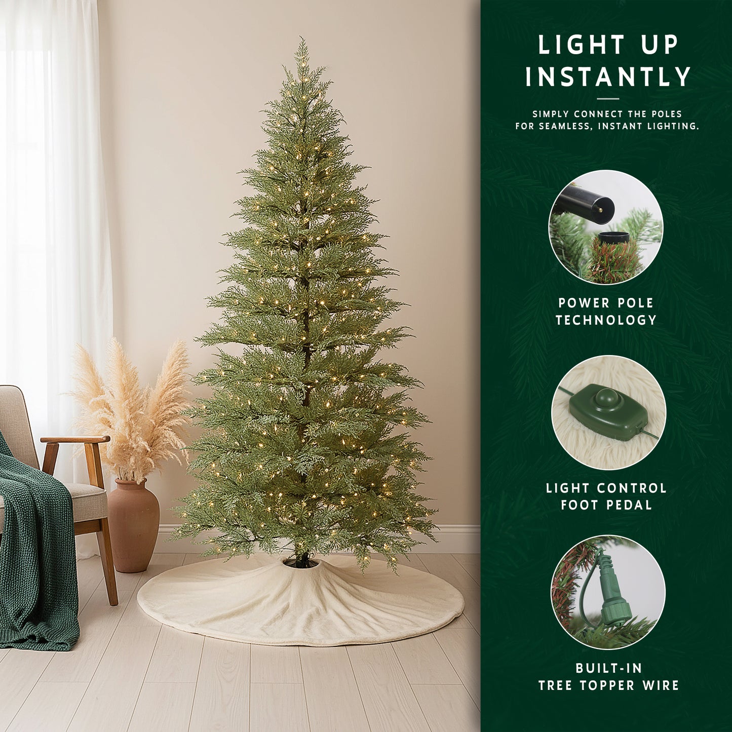 Infographic showing power pole technology, a light control foot pedal, and a built-in tree topper wire.