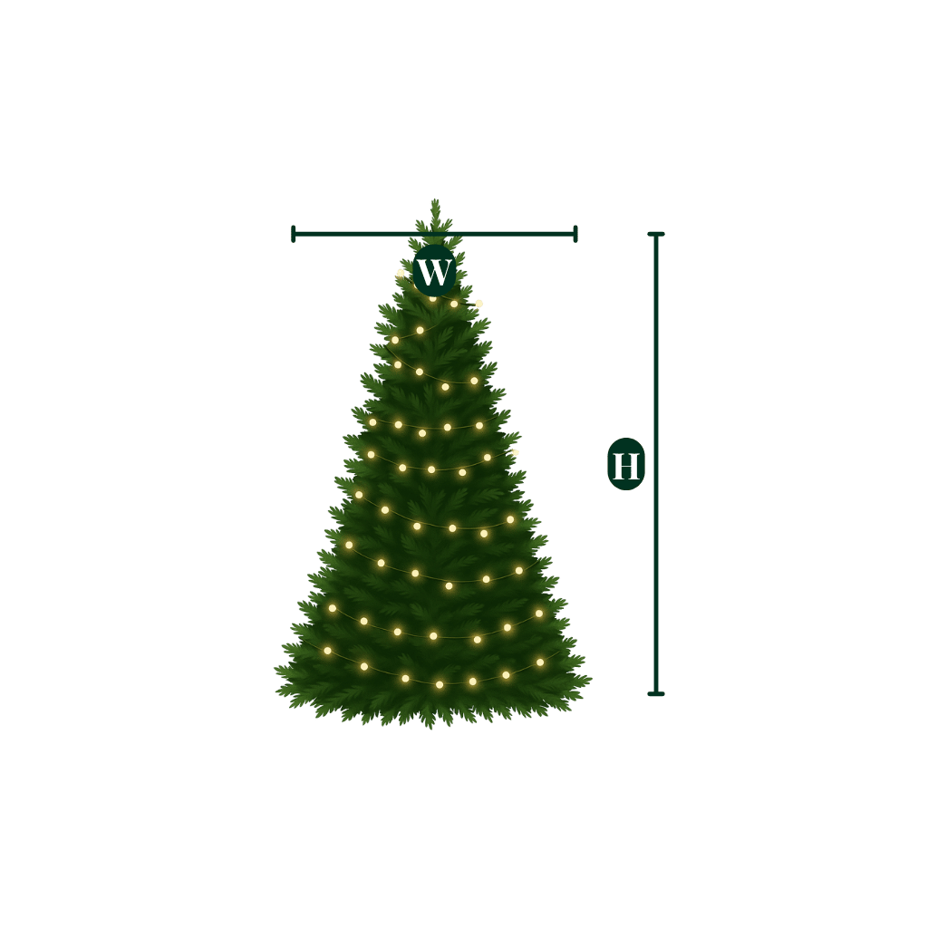 A graphic showing the height and width dimensions of the pre-lit Verdelle Fir Christmas tree.